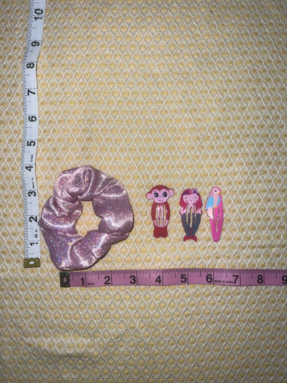 Kids Pink Sparkly Metallic Scrunchie & Cute Animal Snap Hair Clips Set